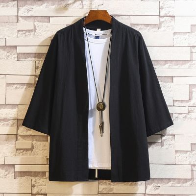 เสื้อแจ็คเก็ตเสื้อคาร์ดิแกน Kimono ญี่ปุ่นผ้าลินินผ้าฝ้ายผู้ชายขนาดใหญ่,เครื่องแต่งกายซามูไรแบบดั้งเดิมญี่ปุ่นสีดำหลวม Hauri Yukata