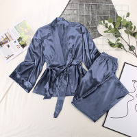 Womens Pajamas Satin Cardigan Lace Nightgown Set Two Piece Loose Long Sleeve Trousers Sleepwear Female Casual Robe With Sashes