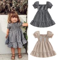 FOCUSNORM Summer Toddler Girls Sweet Dress 1-4Y Short Puff Sleeve Plaid Printed Ruffles Knee Length A-Line Dress  by Hs2023