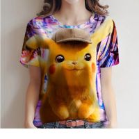 2023 NEWNew ฤดูร้อนของผู้หญิงสามมิติ Pikachu แบบพิมพ์แขนสั้นเสื้อยืดหลวมรอบคอแขนสั้นด้านบน