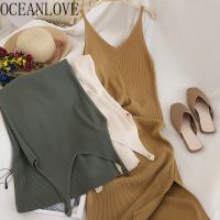 OCEANLOVE ชุดเดรสถักคอวี,ชุดเดรสที่สง่างามสไตล์เกาหลีเรียบง่ายเข้ากับเสื้อผ้าใหม่15517