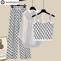 【DT】hot！ Printed Suspender Shirt Blouse Wide Leg Pants 3-piece Womens Set Outfits