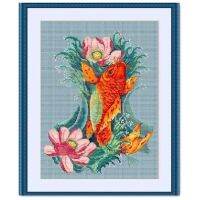 Carp and flowers cross stitch package fish cartoon aida 14ct 11ct blue cloth kit embroider DIY handmade needlework