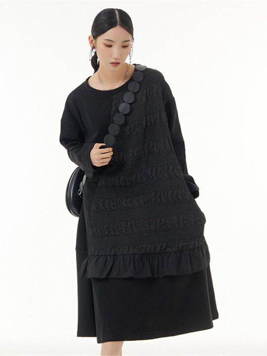 xitao-dress-long-sleeve-black-patchwork-casual-loose-dress