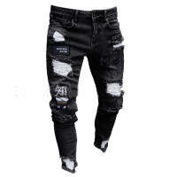 Skinny 3รูปแบบผู้ชายยืดRipped Bikerเย็บปักถักร้อยพิมพ์กางเกงยีนส์ทำลายหลุมเทปSlim Fit Denimรอยขีดข่วนคุณภาพสูงJean hot sell