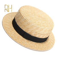 Summer Female Natural Stiff Wheat Straw Boater Fedora Top Flat Hat Women Beach Flat Brim Cap With Red Navy Stripe Ribbon RH