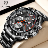 FOXBOX Men Watch Top nd Luxury Dual Display Stainless Steel Sport Wristwatch For Men Waterproof Luminous Quartz Clock