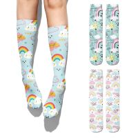 New Lovely Girls Rainbow Clouds Socks Harajuku Casual Long Pink Socks Funny Personality Middle Tube Womens Cotton Unicorn Socks