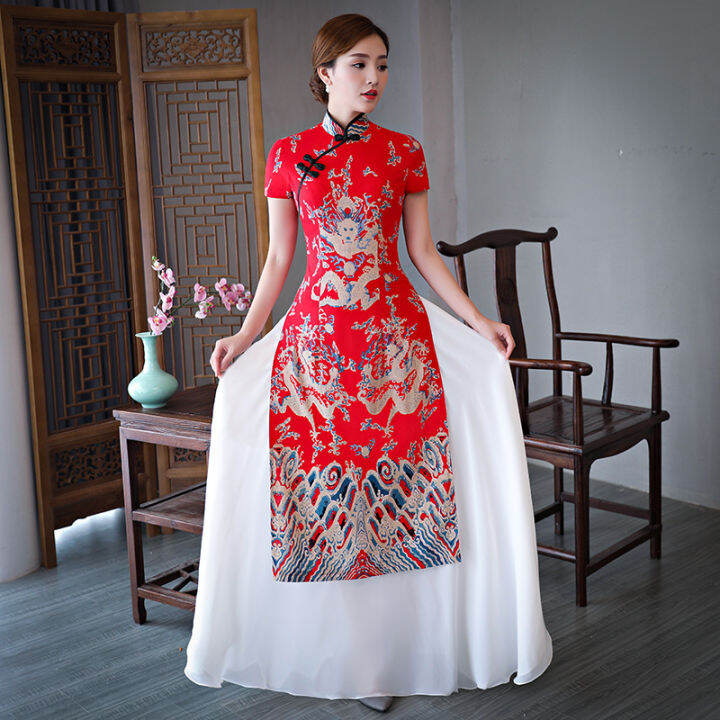 เวียดนาม-ao-dai-cheongsam-ชุดยาว2022มารยาทจีนปรับปรุงทุกวันแม่-cheongsam-แขนสั้นผู้หญิง