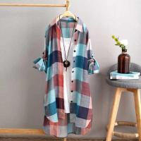 2023 is prevented bask in dress shirts whom show thin fashion womens wear loose long big yards plaid shirt female leisure coat