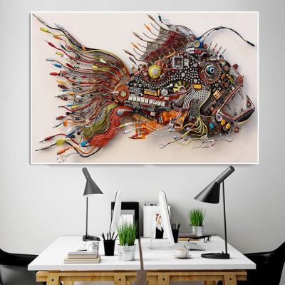 บทคัดย่อวิทยาศาสตร์ปลาอิเล็กทรอนิกส์ Wall Art พิมพ์ชิ้นส่วนคอมพิวเตอร์การ์ตูนโปสเตอร์สำนักงานแรงบันดาลใจผ้าใบจิตรกรรมตกแต่งบ้าน