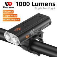 WEST BIKING 1000LM ไฟหน้าหลังจักรยาน,อุปกรณ์เสริมสำหรับจักรยานไฟ LED ชาร์จ USB ได้กันน้ำ4000MAh