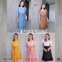 P11362 เดรสคอเหลี่ยมวีแขนตุ๊กตาลายหัวใจ Square neckline, doll sleeves, heart pattern