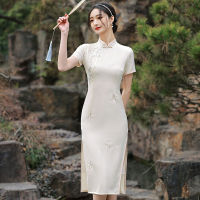 Cheongsam 2022ใหม่เย็บปักถักร้อยปรับปรุงหนุ่มชุดที่สง่างามแบบดั้งเดิมสไตล์จีน Qipao แขนสั้น Vestidos Xxl