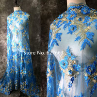 Lake blue sky blue pearl hot diamond gold thread heavy industry lace mesh yarn embroidery flower fabric wedding dress fabric