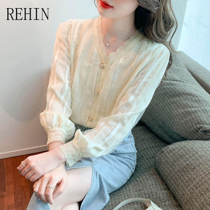 rehin-เสื้อคอวีคอวีของผู้หญิง-เสื้อคอวีกระดุมเดี่ยวดีไซน์หรูหราแขนยาวผ้าชีฟองมีซอกกระดุมแถวใหม่แฟชั่นสไตล์เกาหลีฤดูใบไม้ผลิ