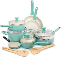 GreenPan Rio Healthy Ceramic Nonstick, Cookware Pots and Pans Set, 16 Piece, Turquoise Cookware Pots and Pans Set, 16 Piece Turquoise