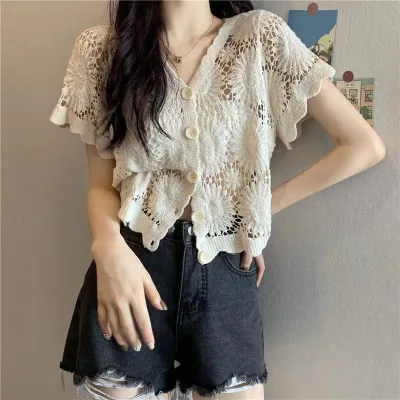 Women Knited Shirt V-neck Single-breasted Cardigan Tops Slim Fit Short Sleeves Hollow Out Shirt