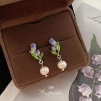 [COD] Mori super fairy freshwater pearl drop glaze purple 925 silver needle tulip earrings handmade