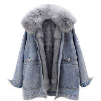 2022ฤดูหนาวใหม่ Parkas Denim แจ็คเก็ตผู้หญิง Fox Fur Collar ที่ถอดออกได้ Rex Rabbit Liner หนาเสื้ออบอุ่นหญิงหลวม Outerwear H1834