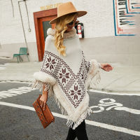 Fitshinling Vintage Oversized Poncho Women Clothing Winter Sweater Knitwear Fur Collar Winter Warm Cape Femme Fringe Bat Cloak