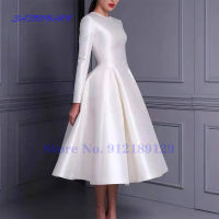 Vestidos De Novia 2021 Short White Satin Wedding Dresses Tea Length O-Neck A-Line Zipper Back Bridal Gowns Robe Mariée France