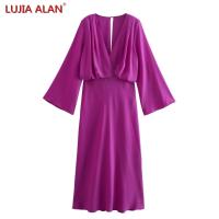 【YF】 New Womens Cross V-neck Pleated Design Midi Dress Female Long Sleeve Loose Elegant Vestidos LUJIA ALAN WD2177