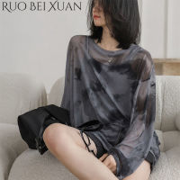 Ruo Bei Xuan เสื้อยืดฉบับภาษาเกาหลียาว,ใหม่2023เสื้อมัดย้อมผ้าไมโครซึมผ่านได้แขนยาวสไตล์ต่างประเทศกันแดดเสื้อยาวปิดถึงก้นเสื้อบางๆสำหรับผู้หญิง