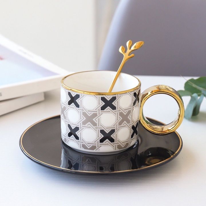 Nordic Unique Design Printed Ceramic Coffee Mug Cup with gold spoon │  Aesthetic Decorative Kitchenware