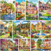 ☏☢ Cartoon House Landscape Printed Fabric Cross Stitch Embroidery Kit Sewing Handmade Handiwork Needlework Jewelry Floss Promotions