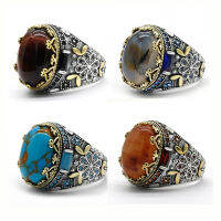 925เงินสเตอร์ลิง Tiger S EyeTurquoiseQuartziteAgate แหวนผู้ชายหินธรรมชาติ Vintage เครื่องประดับตุรกีผู้หญิง Gift