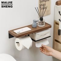 Wall Mounted Toilet Paper Tissue Holder Double Roll Black Phone Rack WcToilet Paper Holder with Black Walnut Shelf for Bathroom Toilet Roll Holders