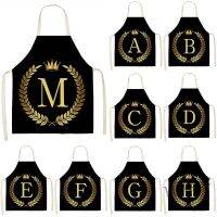 【hot sale】✙☍ D13 Black Golden Crown Letter Alphabet Print Kitchen Apron for Woman Man Cotton Linen Aprons for Cooking Home Cleaning Tools Tablier