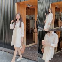 ขาว/ครีม/ชมพู ? SLYQ MADE PEARL COTTON MIDI SHIRT DRESS ชุดเชิ้ตเดรสตัวยาว ผ่าข้าง งานตัดของที่ร้าน ผ้าคอตตอน