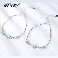 DAYIN 925 Sterling Silver Bracelet Fashion Jewelry Blue Crystal Snowflake Retro Simple Zircon Spring Buckle Bracelet 20.5CM