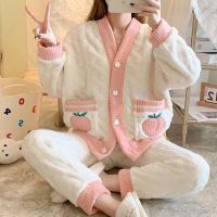 Autumn Winter Flannel Warm Pajamas Set Women Long Sleeve Home Suit Sleepwear Long Velvet Thicken Pyjamas Sets