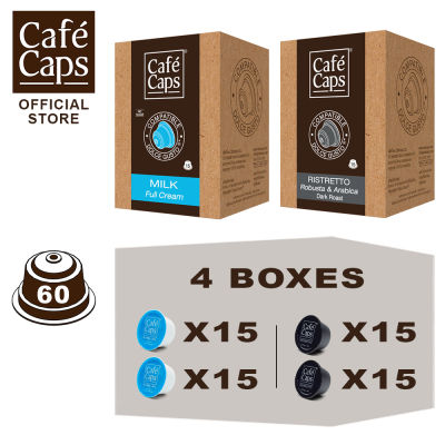 Cafecaps - Coffee Nescafe Dolce Gusto MIX Compatible capsules of Milk (2 Box X15 แคปซูล) &amp; Ristretto (2 กล่อง X15 แคปซูล) รวม 60 แคปซูล - Dolce Gusto Coffee capsule compatible แคปซูลกาแฟที่ กาแฟสไตล์อิตาเลียนทั่วไป ส่วนผสมของโรบัสต้าและอาราบิก้า