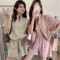 ชุดกีฬาลำลองหลวมสีชมพูเสื้อผ้าป้องกันแสงแดดกางเกงขาสั้นแสงชุดสองชิ้น#AL6015