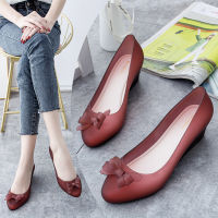 【ready stock】Poe Heel Jelly Rain Shoes Summer Bow Soft Sole 5cm Medium Heel Rubber Waterproof Shoes