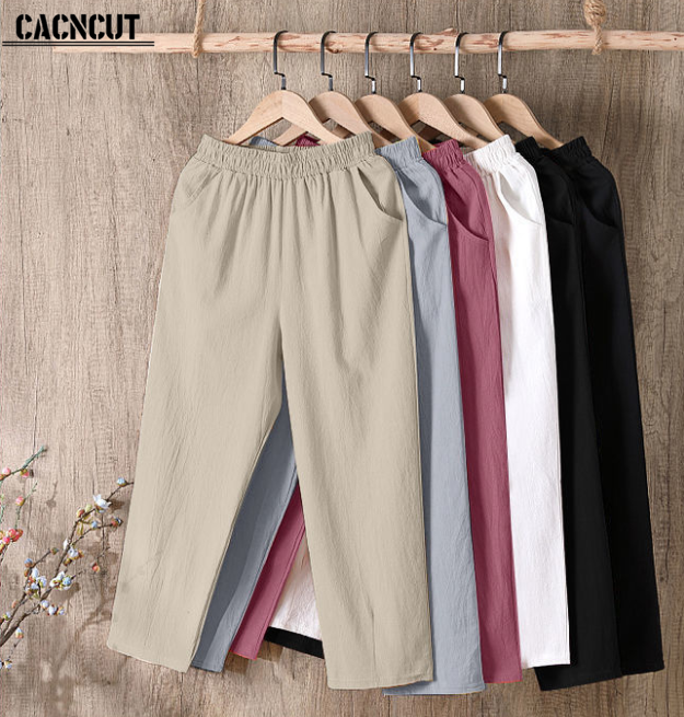 CACNCUT Pants Women Casual Style High Waist Elastic Waist Cropped Pants ...