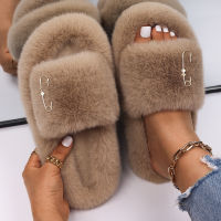 Slippers Women Fluffy Slides Fashion Pin Decor Luxury Designer Sandals Ladies Faux Fur Flip Flops Flat Slippers Furry Shoes 2022