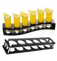 【LZ】▬۞☫  De madeira ou acrílico Shot Glass Holder Display Rack Bar Wine Drinks Cup Storage Carrier voo Tasting Servindo Bandeja única linha 6 furos