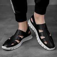 Genuine Leather Men Black/Gray Sandals Dress Shoes Summer Beach Shoes Business Breathable Hollow Out Soft Thick Soles Sandals