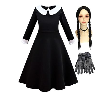 Girls Wednesday Dress Children Black White School Outfit Kids Role Play Halloween Swing Flared Clothes Addams Cosplay Costume