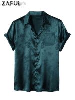△ Silky Shirt for Men Short Sleeve Turn-down Collar Pattern Printed Streetwear Z5021782