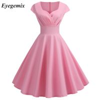 fgjre335 ขายดีที่สุด - / V คอสีชมพูฤดูร้อนผู้หญิง2023 Big Swing Vintage ชุด Robe Femme Elegant Retro Pin Up Party Office Midi Dresses