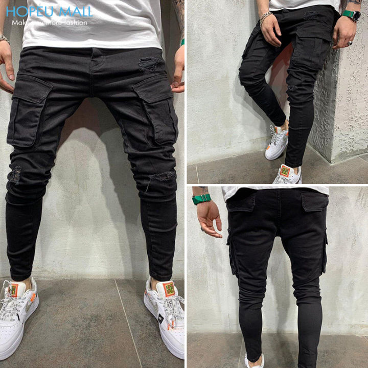 HOPEU Pockets Skinny Ripped Men Jeans Cargo Long Pants Man Torn Casual ...