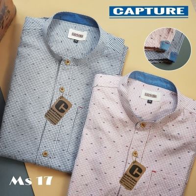 Capture Shirt เสื้อเชิ้ตผู้ชายแขนสั้น คอจีน ลายก้างปลาจิ๋ว มีถึงอก 48 นิ้ว