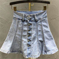 Single-breasted high-waisted a-line fashion women skirt summer ruffled stitching short denim skirt