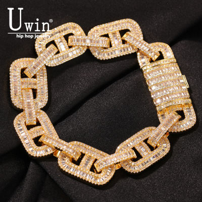 Uwin Baguette CZ celets Miami 15mm Cuban Link Mens Bangles Iced Out Gold Silver Color Luxury Box Clasp Drop Shipping